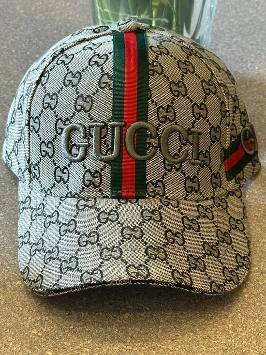 Gray Monogram Cap with Red & Green Web Stripe - Picture 2 of 3
